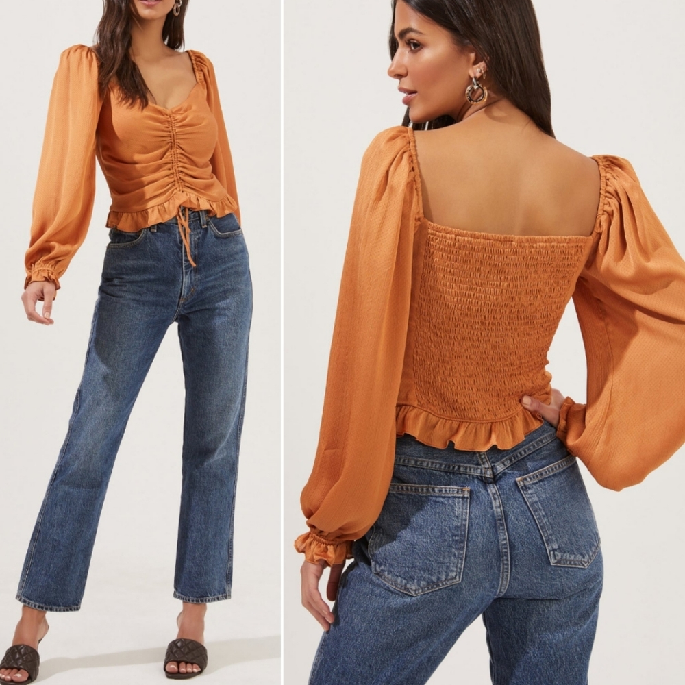 🆕️ ASTR The Label Love Song Ruched Frill Puff Sleeve Top in Apricot